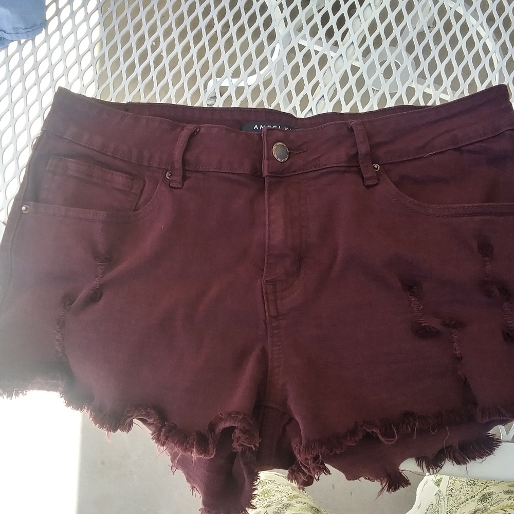Angels Kiss horts- Distressed maroon jean shorts